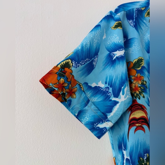 Vintage 70s Authentic Hawaiian Luau Shirt Mens M Hibiscus Floral Ocean Blue - Picture 4 of 15